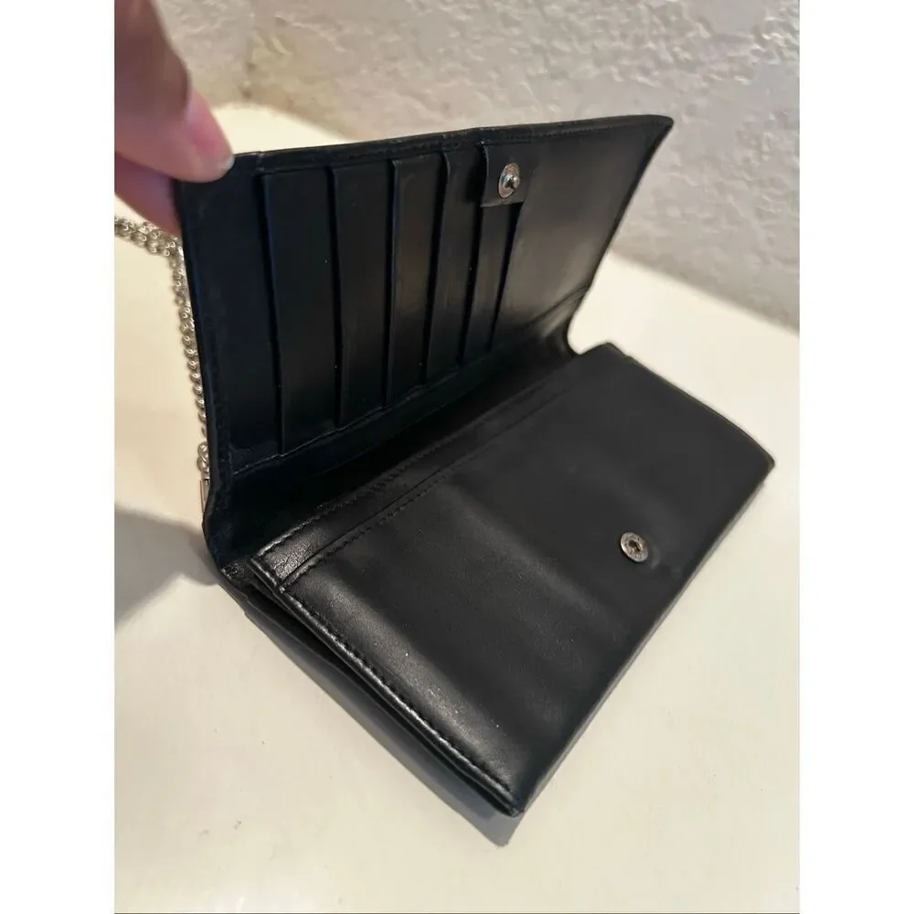 Gucci Bifold Long Wallet Black Leather With Silver Chain Strap Cocktail Party